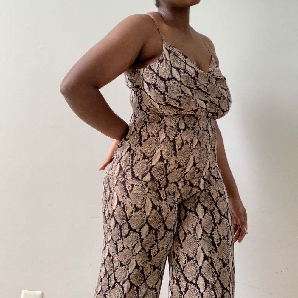 Tie back snake skin flare jumpsuit